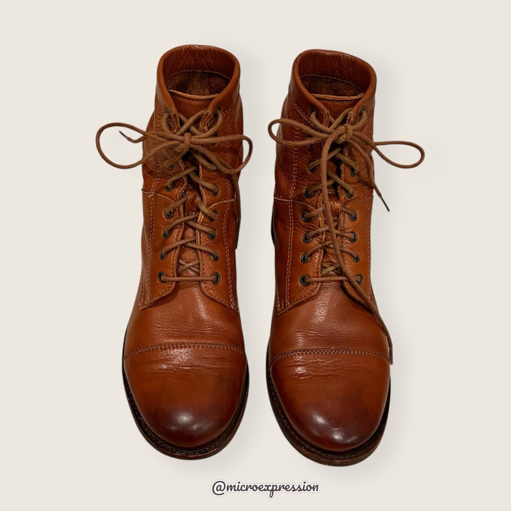 Frye Erin Lug Work Lace Up Combat Cognac Brown Leather Winter Fall Ankle Boot - Picture 9 of 15